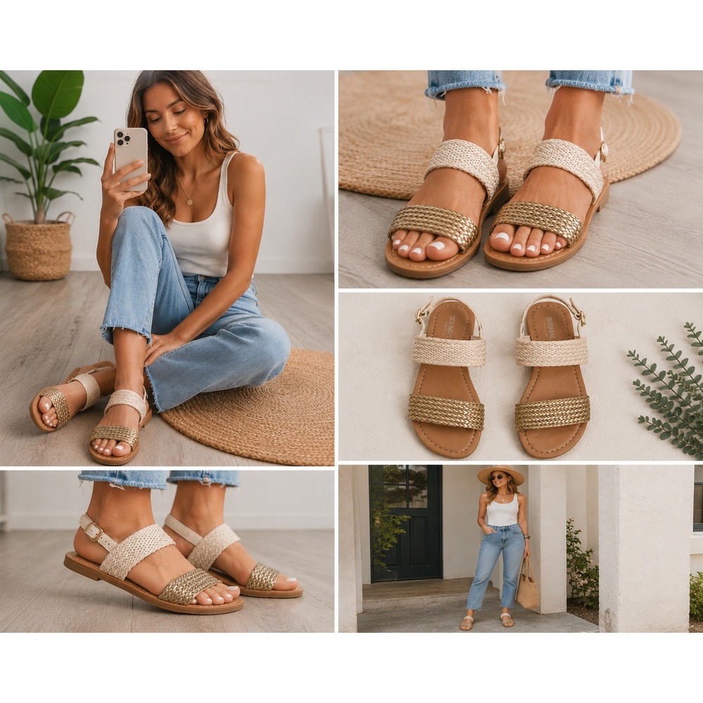 Old Navy Woven Sandals Metallic Gold White Strappy Flat Size 6 Boho Summer Beach